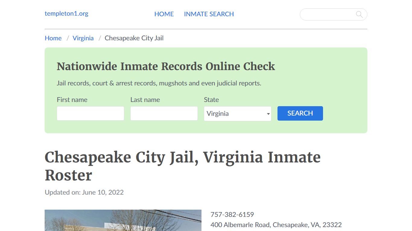 Chesapeake City Jail, Virginia Inmate Booking - Templeton